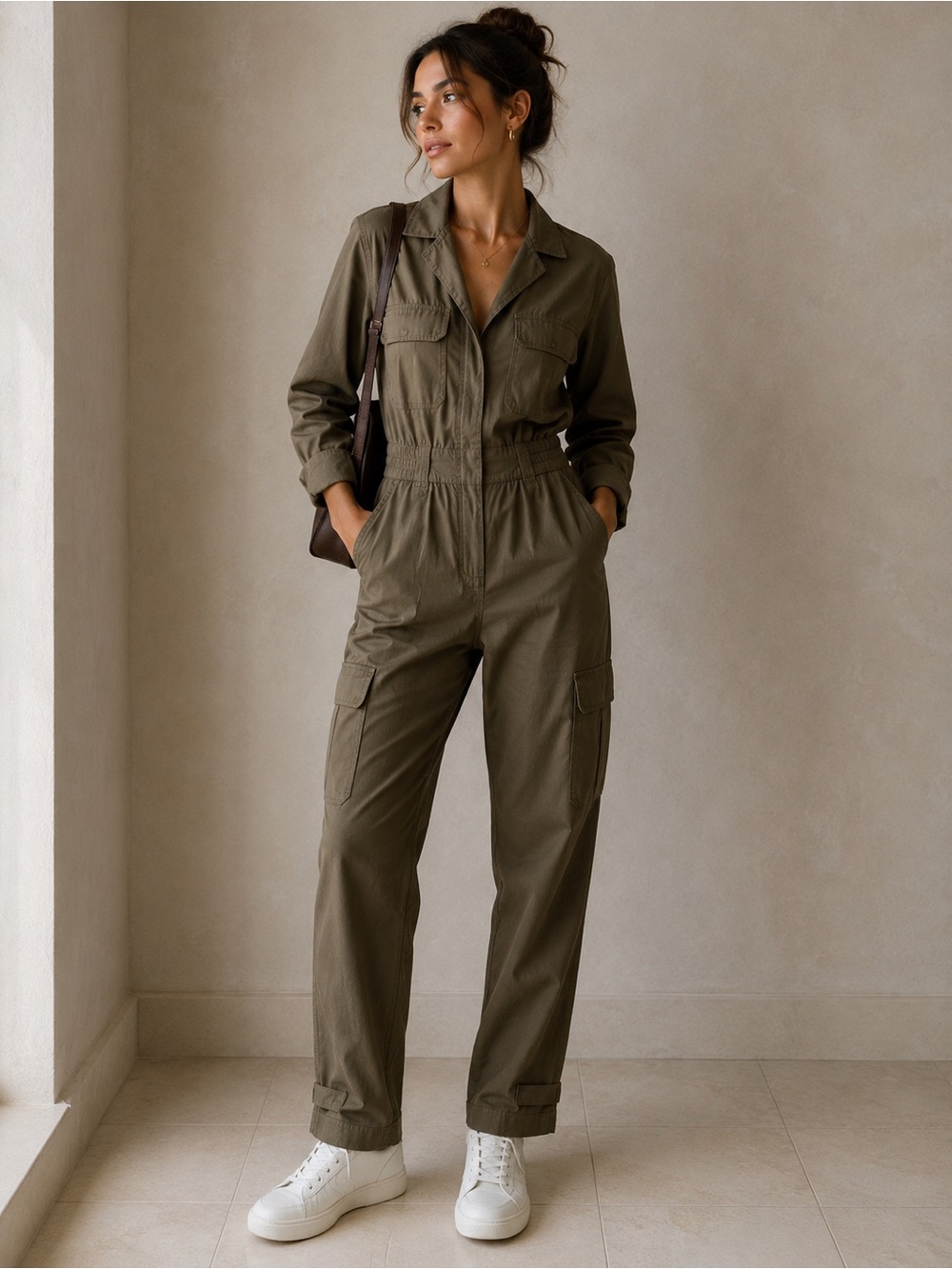 Martha Stewart Olive Green Tencel Utility Cargo Jumpsuit Elastic Waist XS & XL